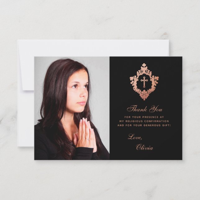Confirmation Girl Photo Elegant Black Pink Crest  Thank You Card (Front)