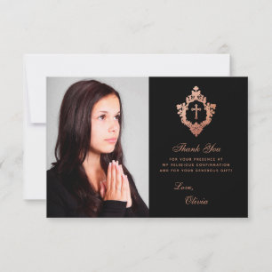 Confirmation Girl Photo Elegant Black Pink Crest  Thank You Card