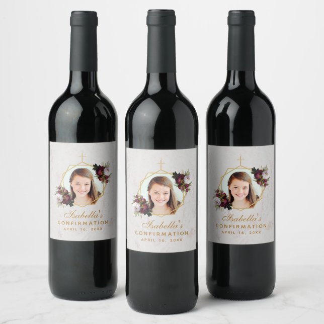 Confirmation Girl Photo Floral Burgundy Peonies Wi Wine Label (Bottles)