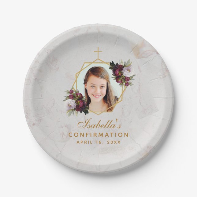 Confirmation Girl Photo Marble Burgundy Peonies Pa Paper Plate (Front)