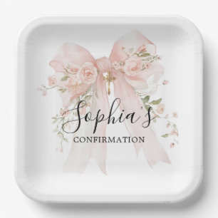 Confirmation Girl Pink Bow Roses Thank You Paper Plate