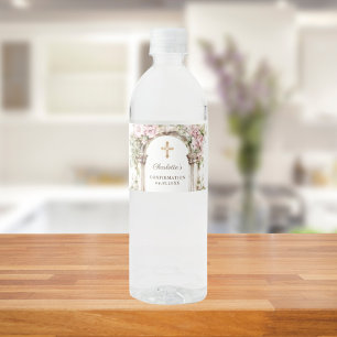 Confirmation Girl Pink Florals Arch Cross Water Bottle Label