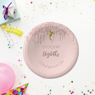 Confirmation girl rose gold glitter drips name paper plate