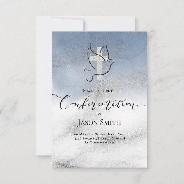 Confirmation | gray blue marble design invitation (Front)