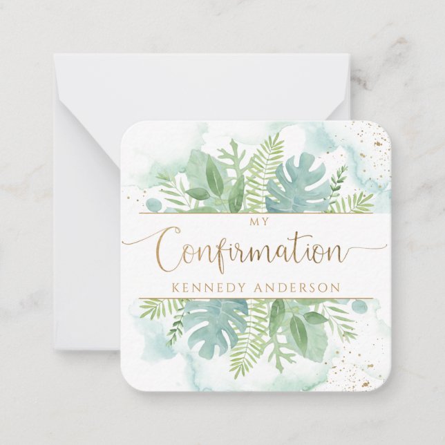 Confirmation Greenery and Watercolor Favour Note  Card (Front)