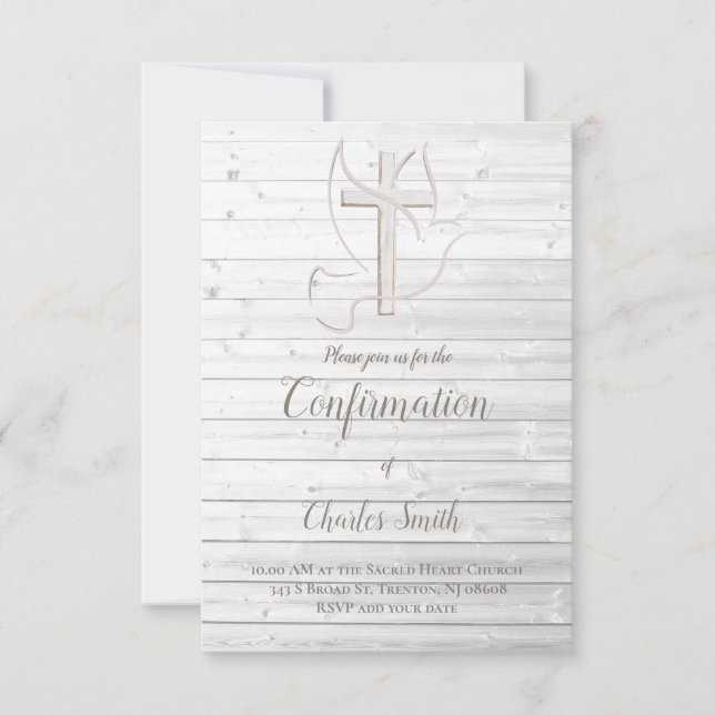 confirmation Holy Spirit design on white wood Invitation (Front)
