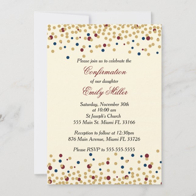 Confirmation invitation confetti gold navy red (Front)