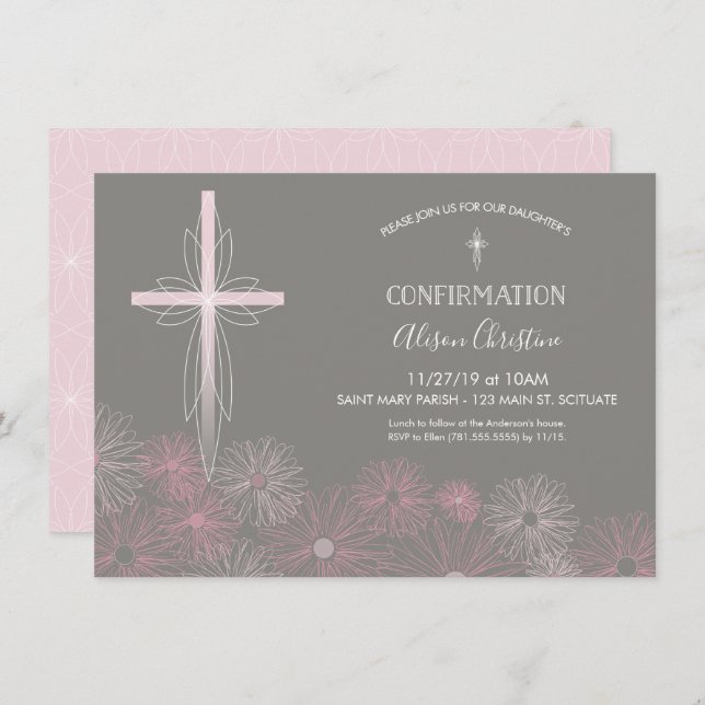 Confirmation Invitation - Girl's Invite w/ Cross (Front/Back)