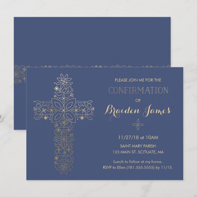 Confirmation Invitation - Gold Cross Invite (Front/Back)