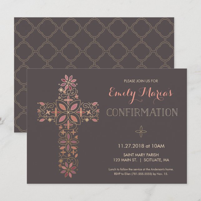 Confirmation Invitation - Gold, Pink Cross Invite (Front/Back)