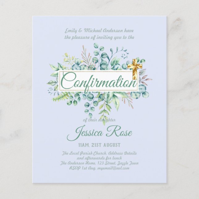 Confirmation Invitations Eucalyptus Greenery Budge (Front)
