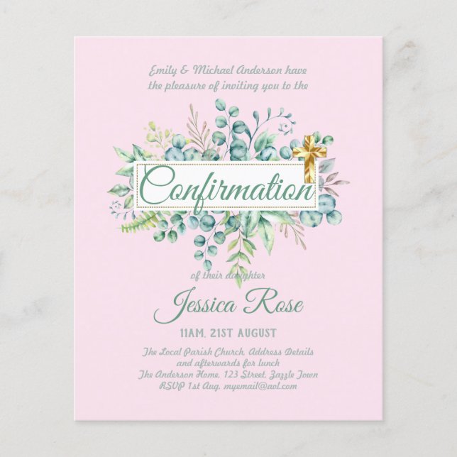 Confirmation Invitations Eucalyptus Greenery Budge (Front)