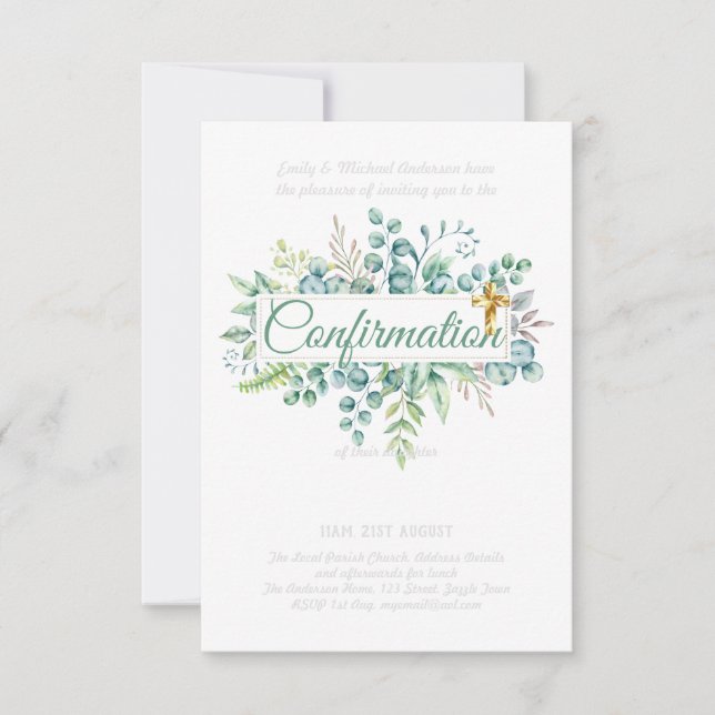 Confirmation Invitations Eucalyptus Greenery Budge (Front)