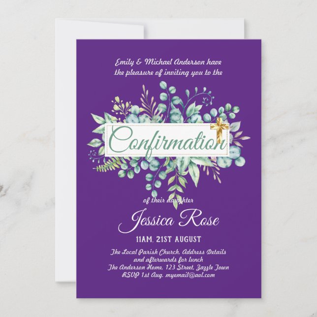 Confirmation Invitations Eucalyptus Greenery Budge (Front)
