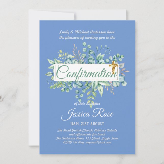 Confirmation Invitations Eucalyptus Greenery Budge (Front)