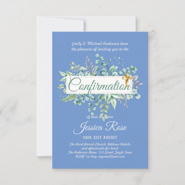 Confirmation Invitations Eucalyptus Greenery Budge (Front)