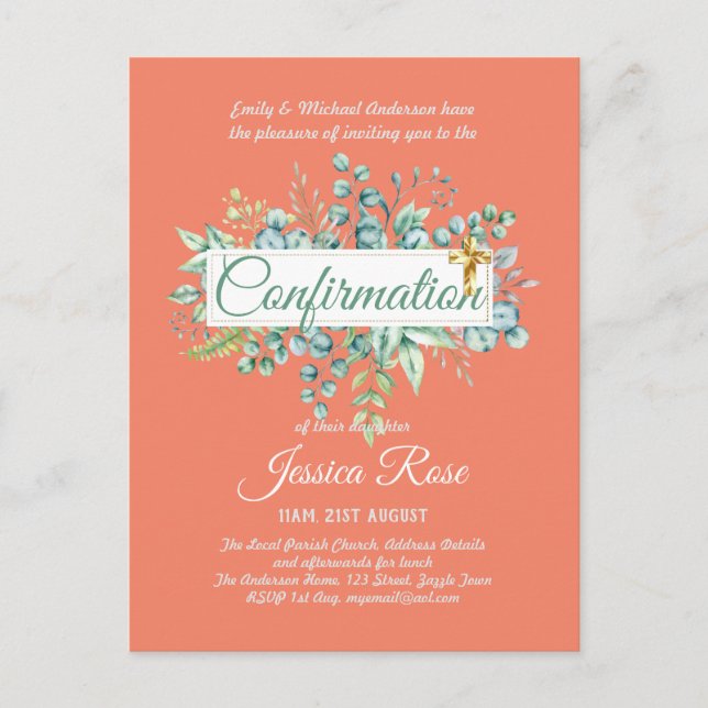 Confirmation Invitations Eucalyptus Greenery Budge (Front)