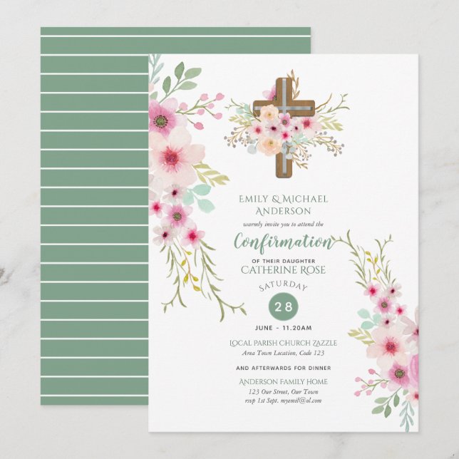 CONFIRMATION Invitations Floral Cross  Pink Sage (Front/Back)