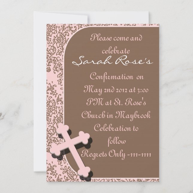 CONFIRMATION  Invitations PINK DAMASK For GIRLS (Front)