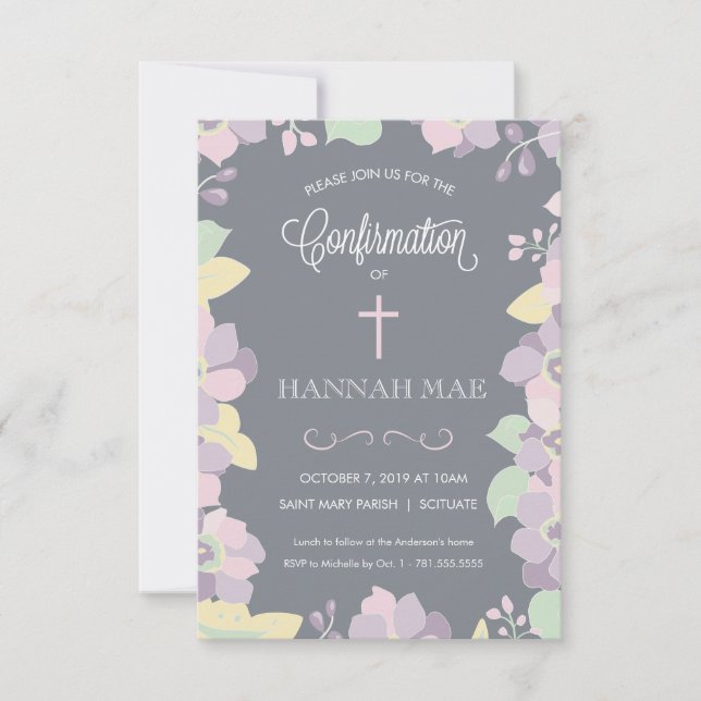 Confirmation Invite Card with Flowers & Cross (Front)