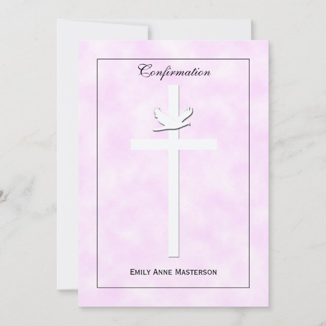 Confirmation Invite Dove and Cross on Pink Invite (Front)