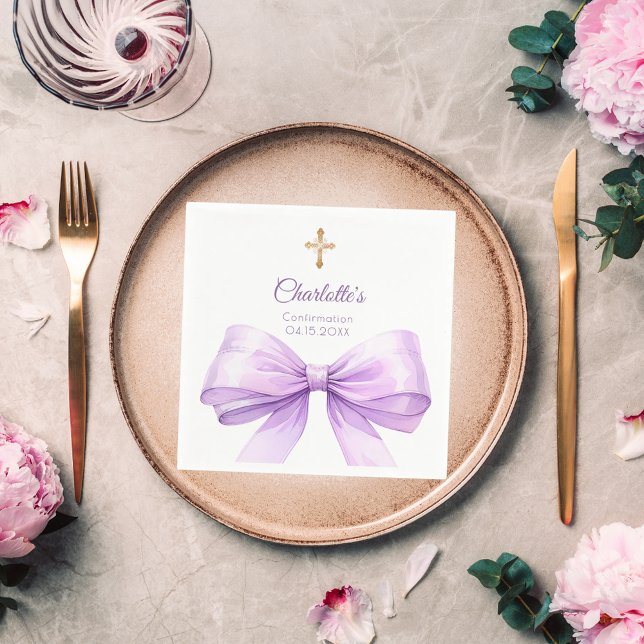 Confirmation lavender bow cross luncheon napkin (Creator Uploaded)