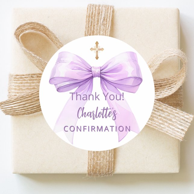 Confirmation lavender bow girl cross thank you classic round sticker (Creator Uploaded)