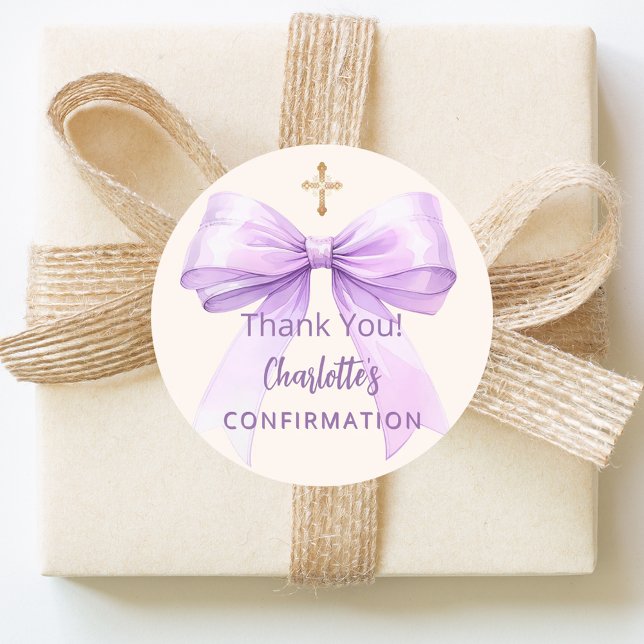 Confirmation lavender bow ivory cross thank you classic round sticker (Creator Uploaded)