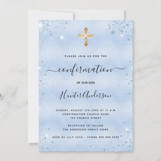 Confirmation light blue gold cross boy invitation (Front)