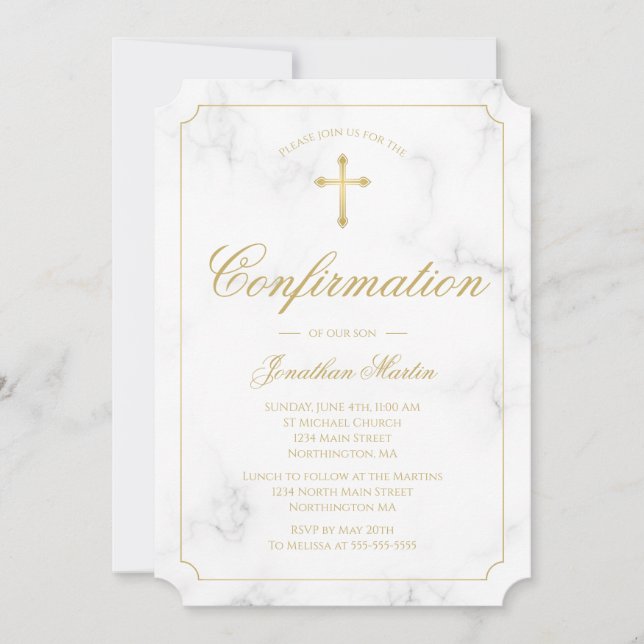 Confirmation Marble Elegant Gold Cross Script Boy Invitation (Front)