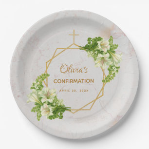 Confirmation Marble White Lilies Gold Cross Floral Paper Plate