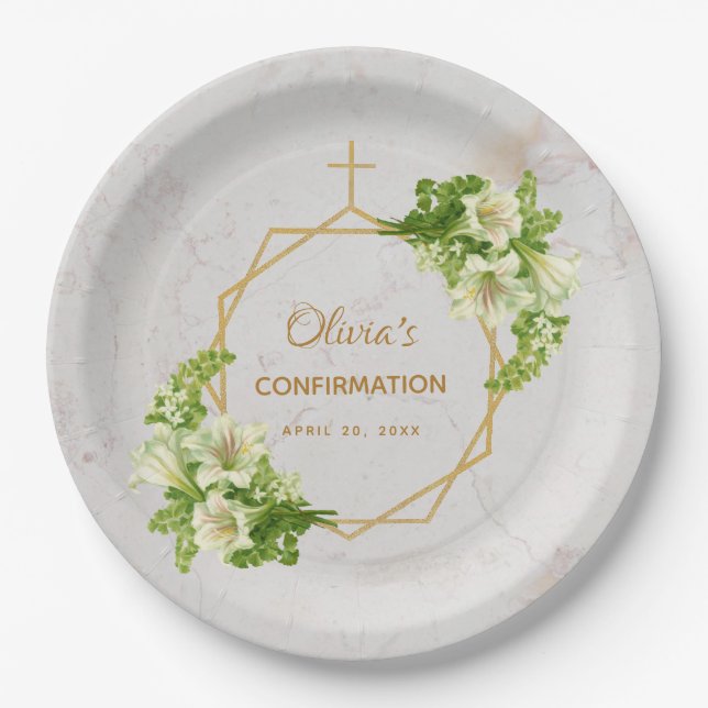 Confirmation Marble White Lilies Gold Cross Floral Paper Plate (Front)