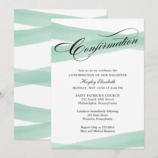 Confirmation, Mint Green Watercolor Invitation (Front/Back)