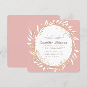 Confirmation Modern Gold Foliage on Pink Invitation