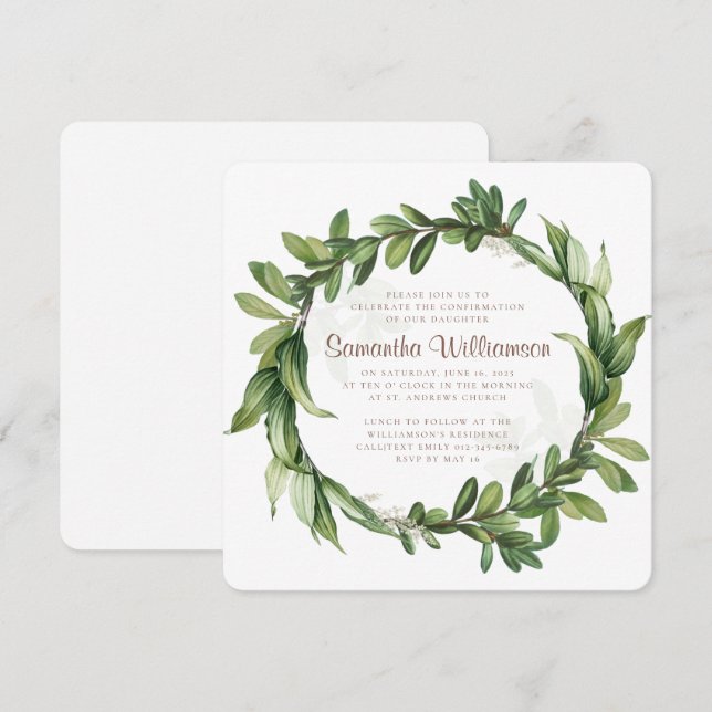 Confirmation Modern Green Foliage Invitation (Front/Back)