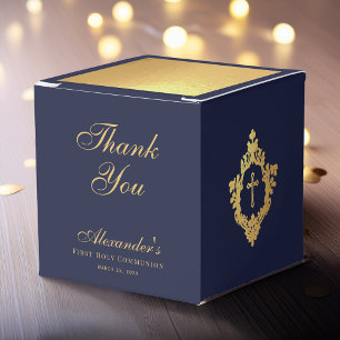 Confirmation Navy Blue Crest Thank You Faux Gold Favour Box