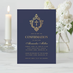 Confirmation Navy Blue Elegant Faux Gold Crest Boy Invitation
