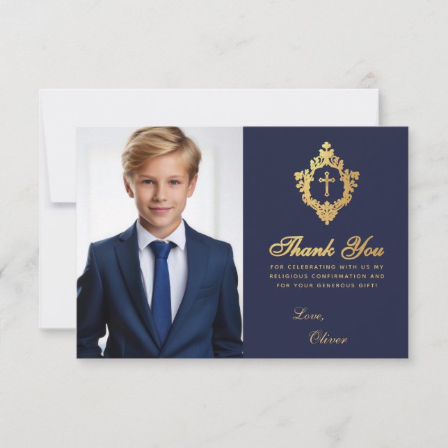 Confirmation Navy Blue Faux Gold Crest Boy Photo Thank You Card (Front)