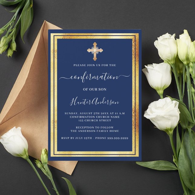 Confirmation navy blue gold gold cross invitation (Creator Uploaded)