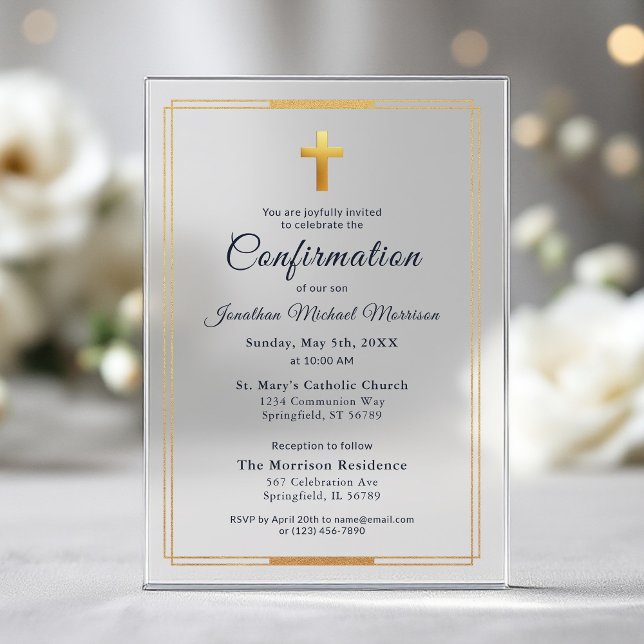 Confirmation Navy Blue Gold Minimalist Boy  Acrylic Invitations (Creator Uploaded)