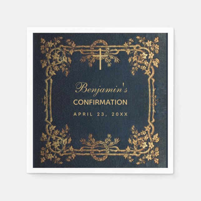 Confirmation Navy Blue Gold Vines Vintage Elegant  Napkin (Front)