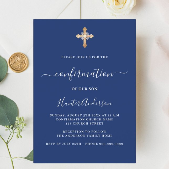 Confirmation navy blue white boy gold cross luxury invitation (Creator Uploaded)