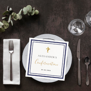 Confirmation navy blue white name boy guy napkin