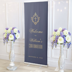 Confirmation Navy Gold Religious Boy Cross & Crest Retractable Banner