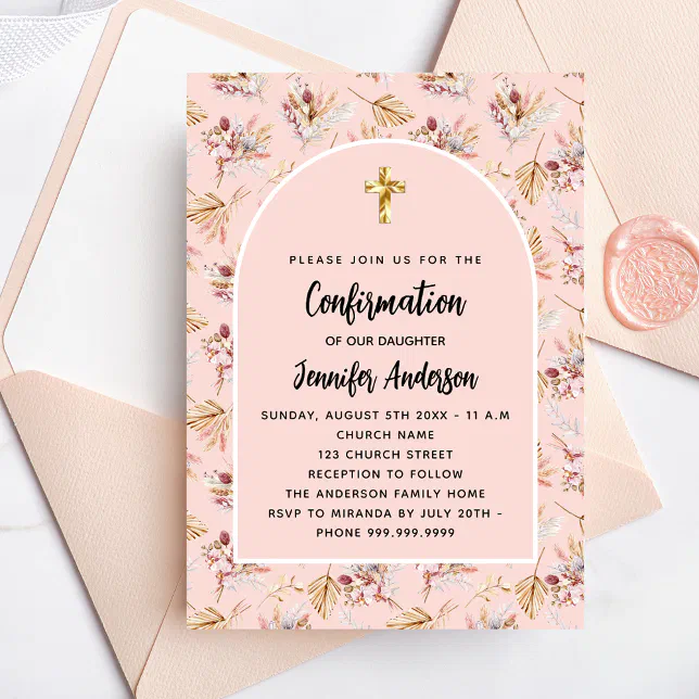 Confirmation pampas grass flowers rose gold luxury invitation | Zazzle