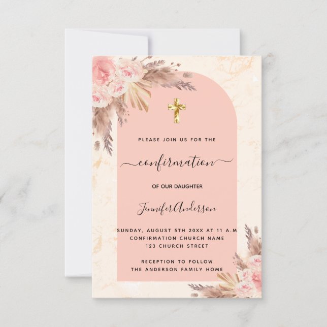Confirmation pampas grass rose blush marble girl invitation (Front)