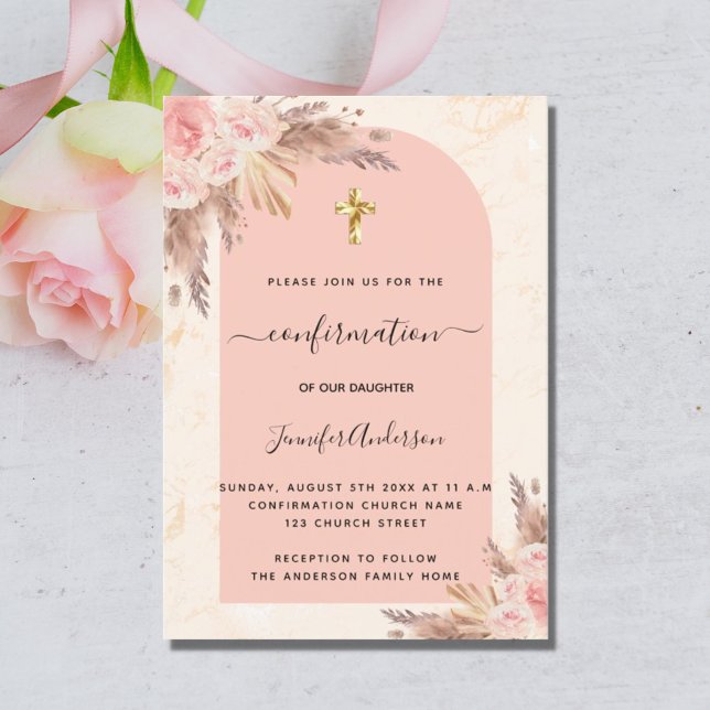 Confirmation pampas grass rose blush marble girl invitation (Creator Uploaded)