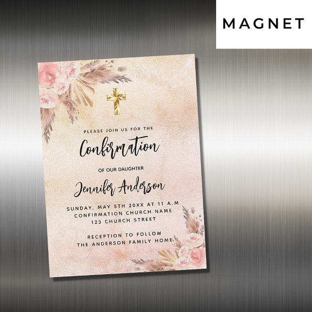 Confirmation pampas grass rose gold blush luxury magnetic invitation (Creator Uploaded)