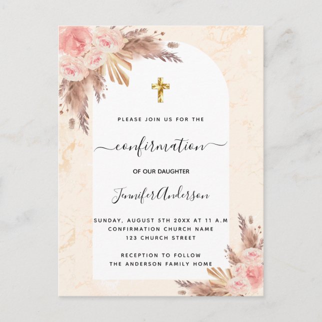 Confirmation pampas grass rose gold blush marble invitation postcard (Front)
