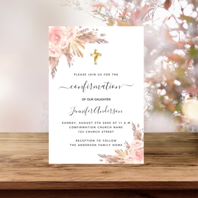 Confirmation pampas grass rose gold blush pink invitation (Creator Uploaded)